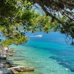 A view across the Peljesac Channel to the Peljesac Peninsula from Korcula Island, Croatia