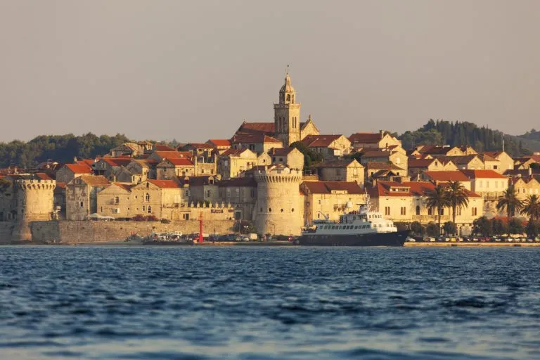 A view from the sea to the old town of Korcula, Adriatic Sea, Croatia