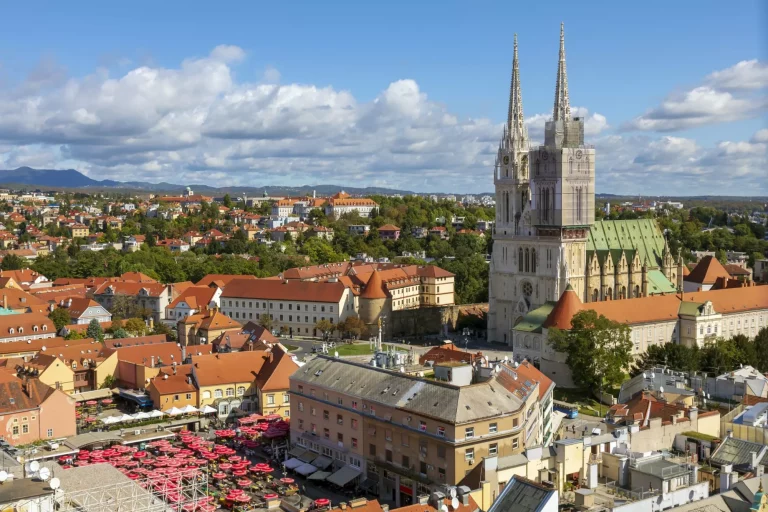 Aerial view of the Zagreb Cathedral and Dolac market.