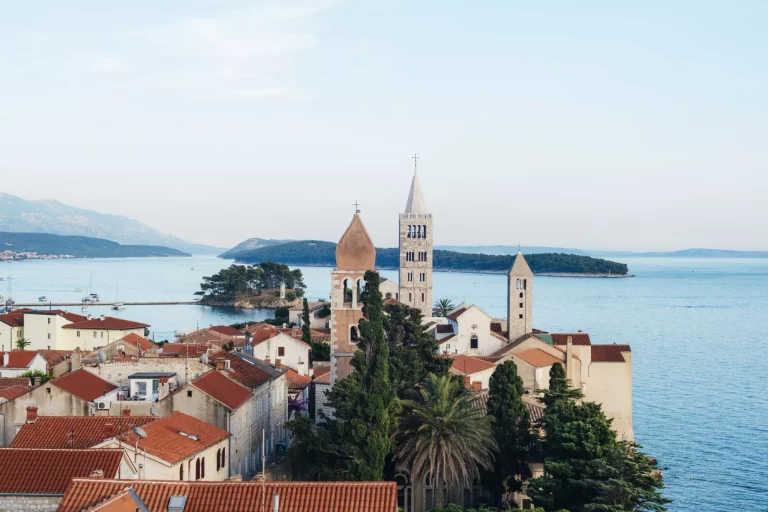 Beautiful Rab town with four towers. Rab island, Croatia.