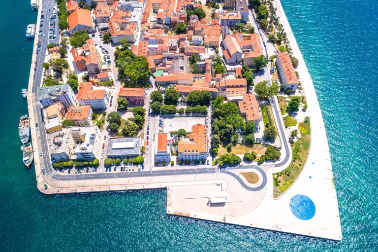 City of Zadar aerial panoramic view of historic peninsula, tourist destination in Dalmatia region of Croatia