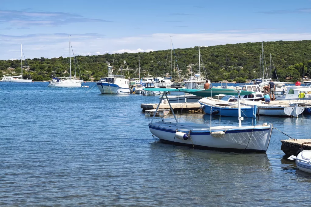 fishing boats in harbour of Ilovik island, Croatia.