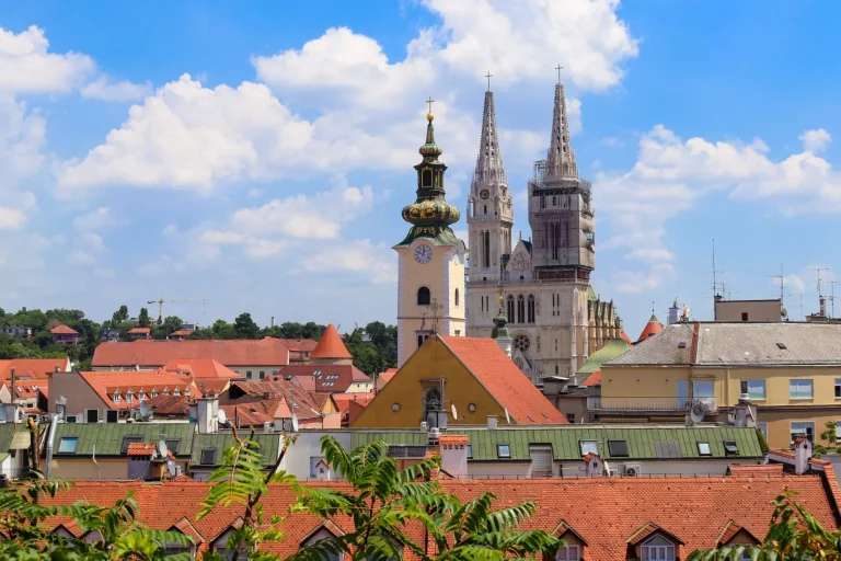 Panoramic view of the historic center of Zagreb, Croatia. Catholic Neo-Gothic Cathedral of Zagreb.