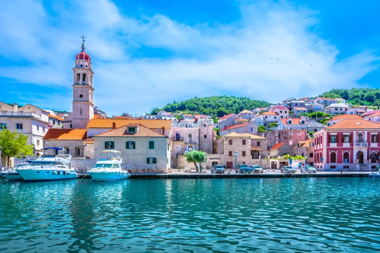 Scenic view at mediterranean town on Island Brac, popular travel destination in Croatia, european summer resort.