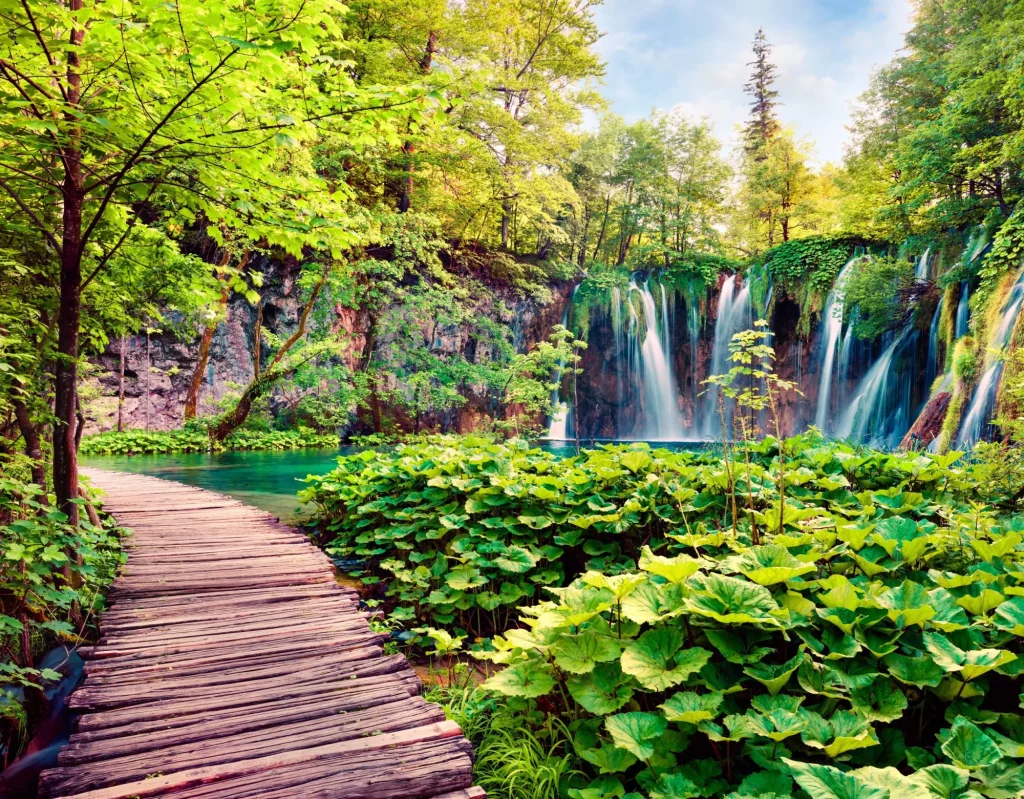 Prächtige Morgenansicht des Plitvicer Nationalparks. Colorful Frühling Szene der grünen Wald mit reinem Wasser Wasserfall. Große Landschaft von Kroatien, Europa. Traveling Konzept Hintergrund.