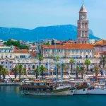 Split Croatia coastal view. / Seafront view at old city center in Split town, Diocletian Palace view from the Adriatic Sea, Croatia.