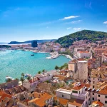 Split waterfront and Marjan hill aerial view, Dalmatia, Croatia